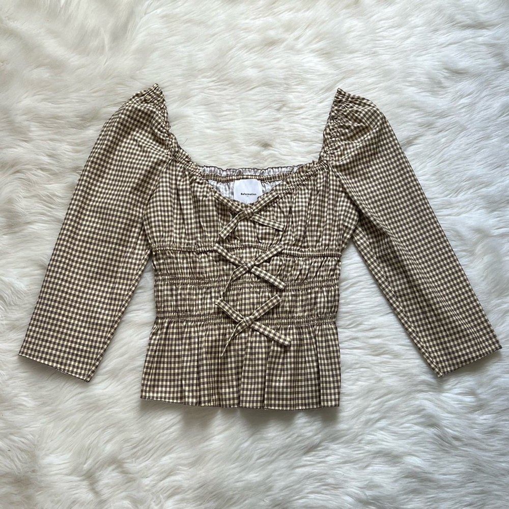 NWOT Reformation Lauryn Gingham Cotton Top Color: Neutral Pattern Sz 8 - Picture 2 of 11